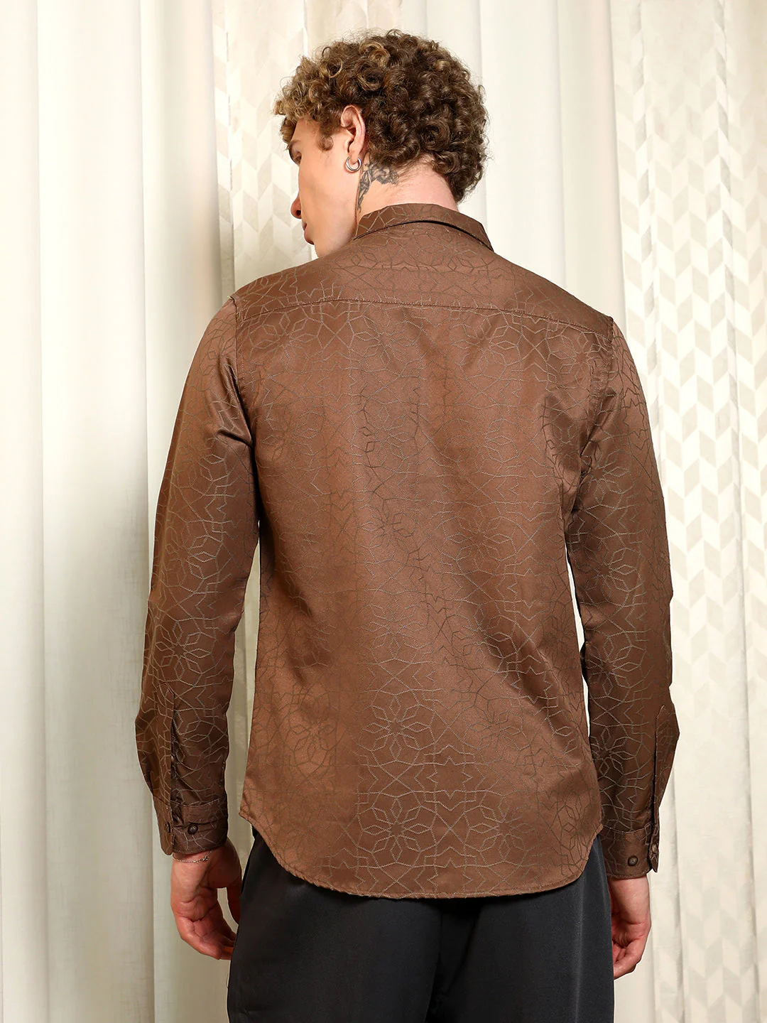Brown Jacquard Full Sleeve Tailored Fit Shirt - Image 4