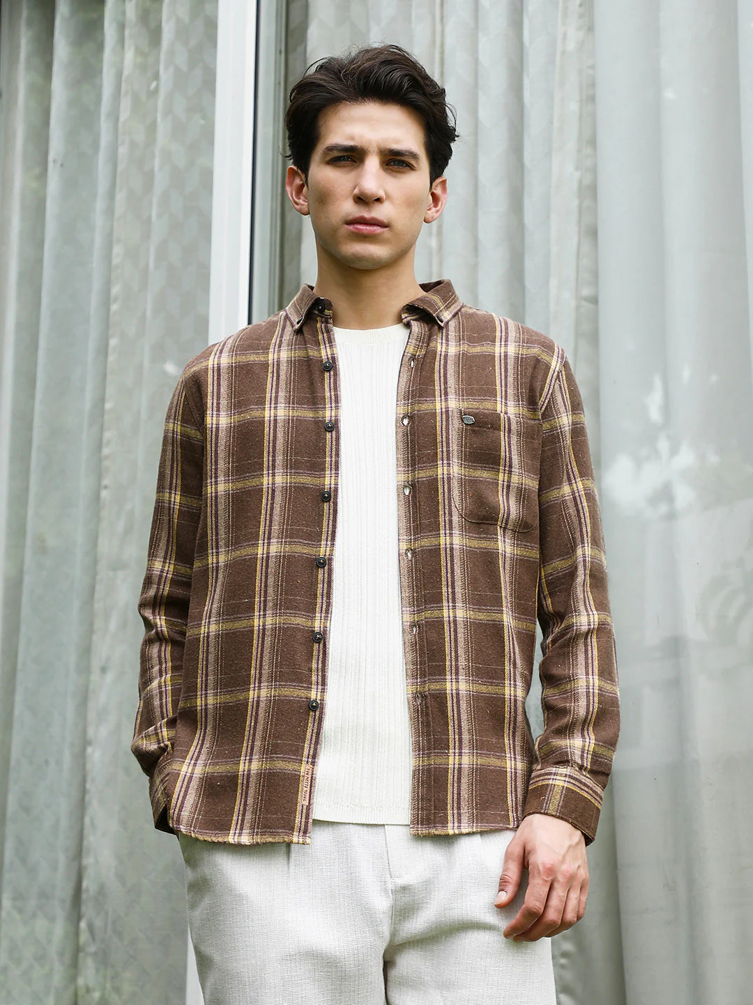 Brown Plaid Cotton Blend Full Sleeve Shirt - Image 2