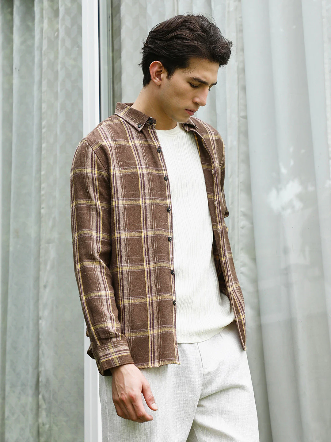Brown Plaid Cotton Blend Full Sleeve Shirt - Image 3