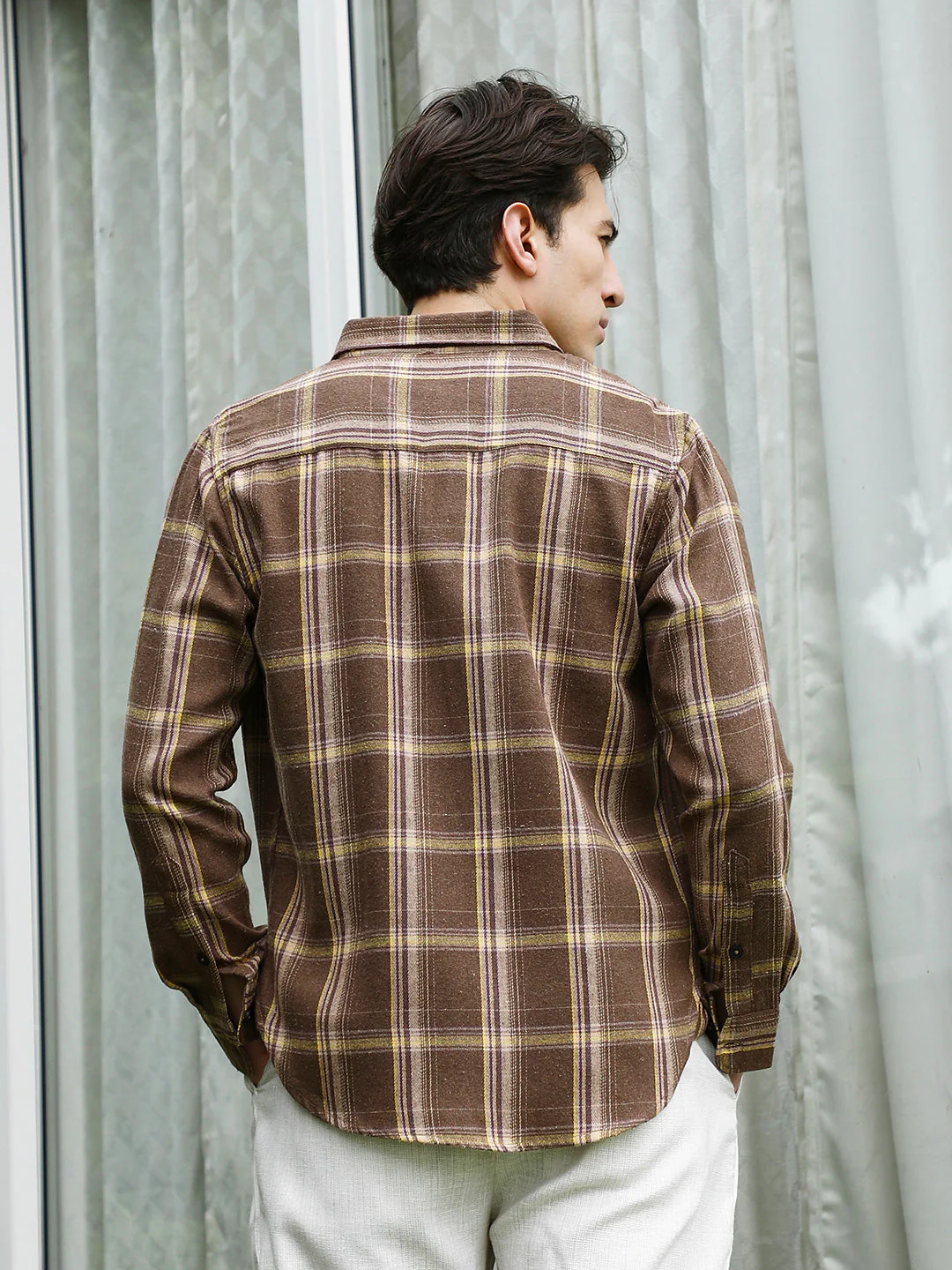 Brown Plaid Cotton Blend Full Sleeve Shirt - Image 4