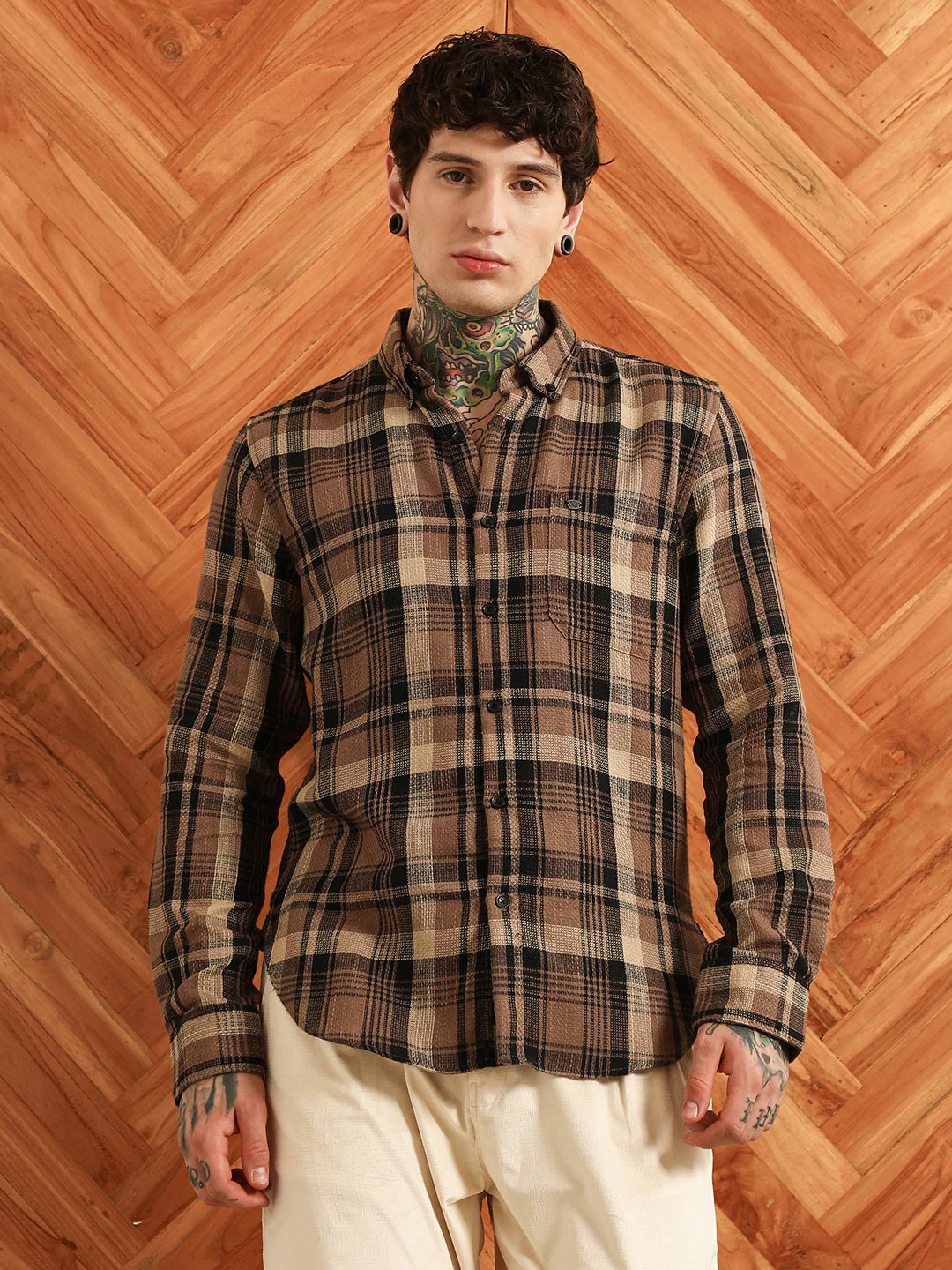 Brown Plaid Cotton Tailored Fit Shirt - Image 2
