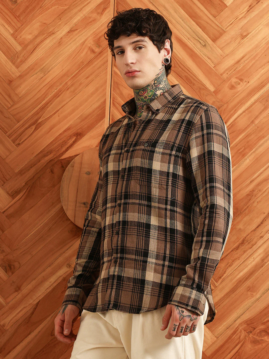 Brown Plaid Cotton Tailored Fit Shirt - Image 3