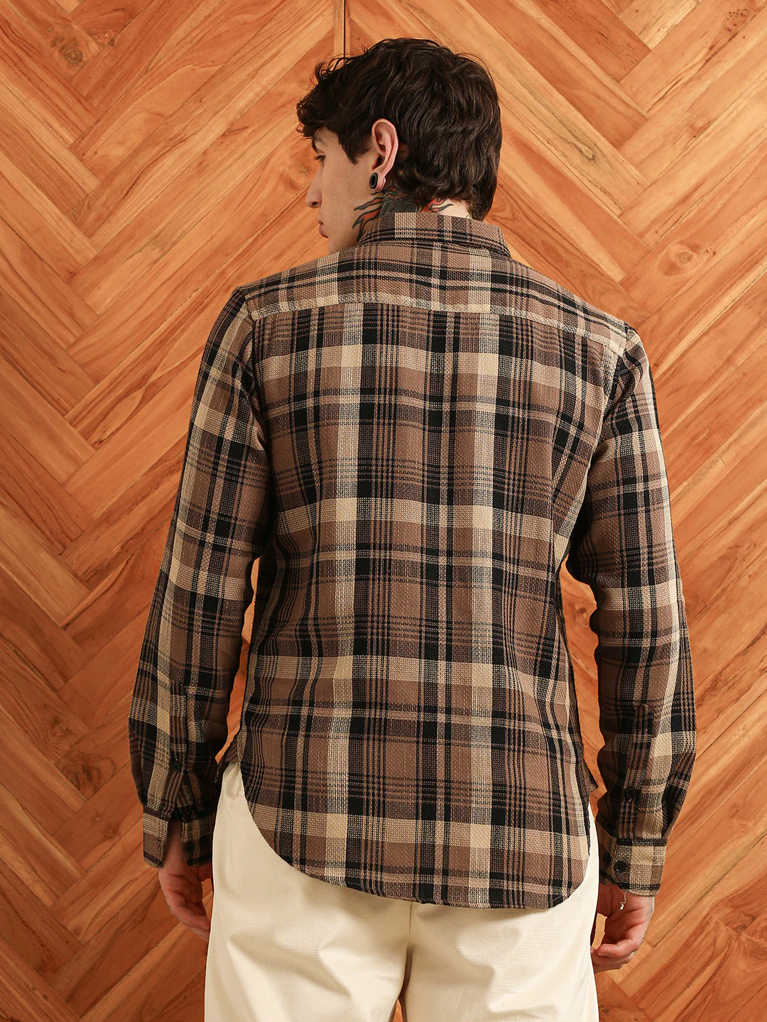 Brown Plaid Cotton Tailored Fit Shirt - Image 4