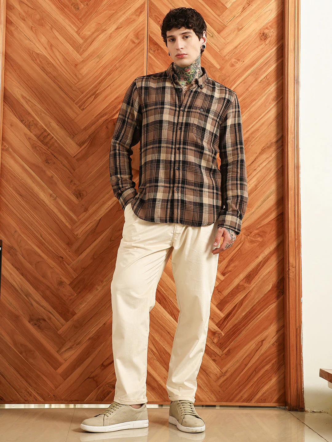 Brown Plaid Cotton Tailored Fit Shirt - Image 5