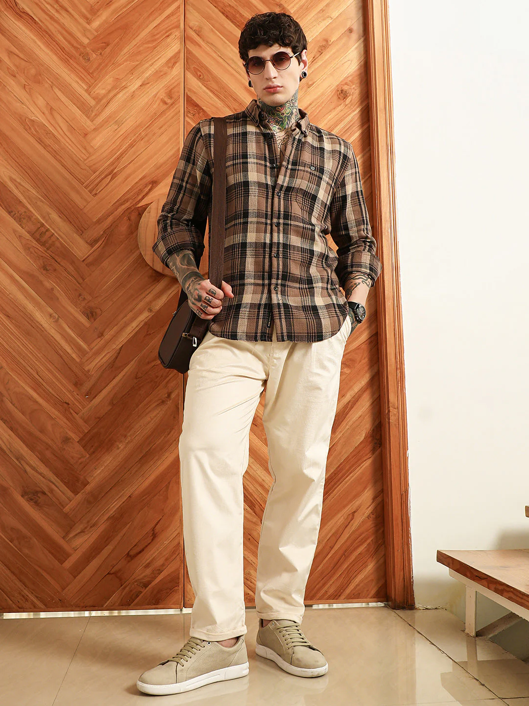 Brown Plaid Cotton Tailored Fit Shirt - Image 6