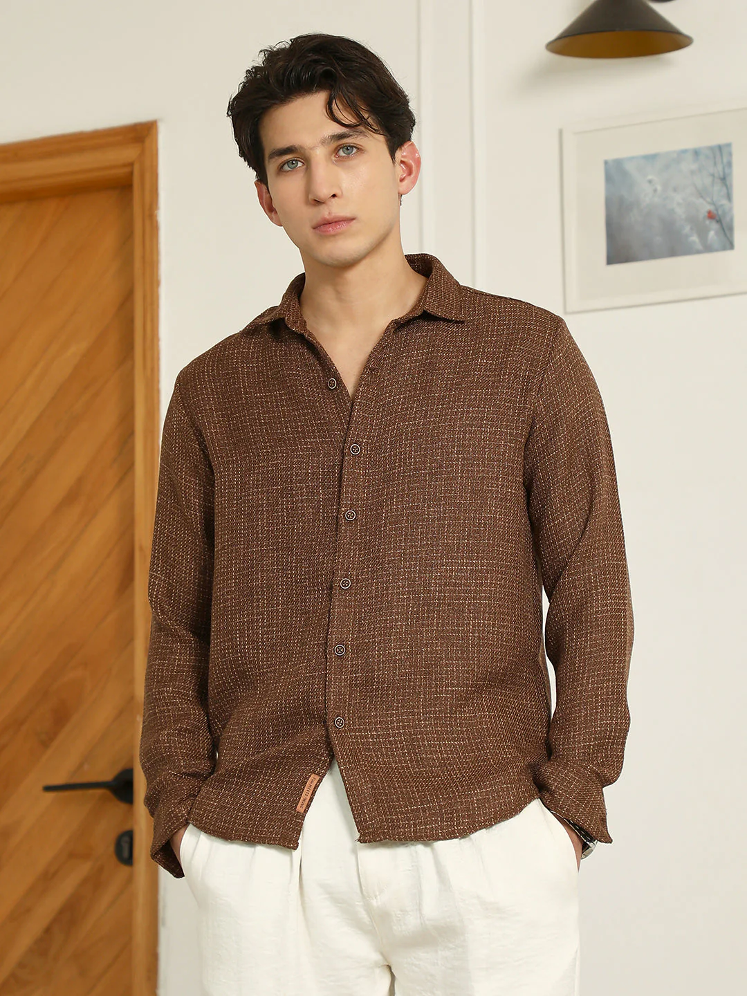 Brown Textured Cotton Blend Full Sleeve Shirt - Image 2