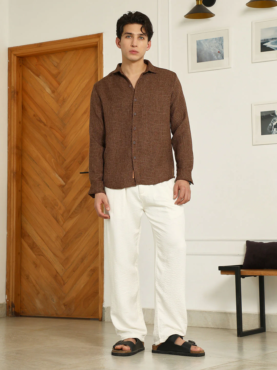 Brown Textured Cotton Blend Full Sleeve Shirt - Image 5