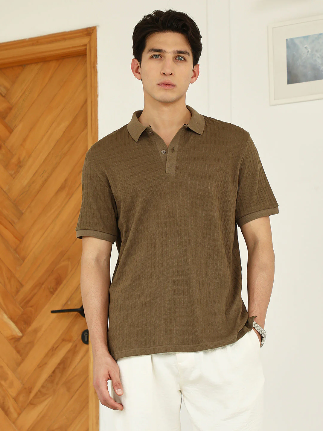 Brown Textured Polo T-shirt - Poly Spandex Blend - Image 2