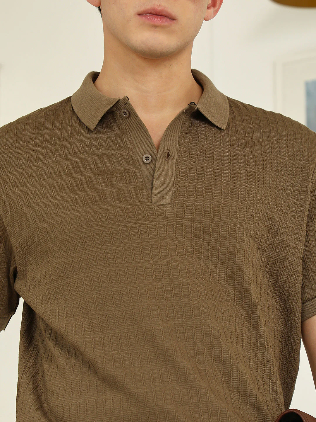 Brown Textured Polo T-shirt - Poly Spandex Blend - Image 7
