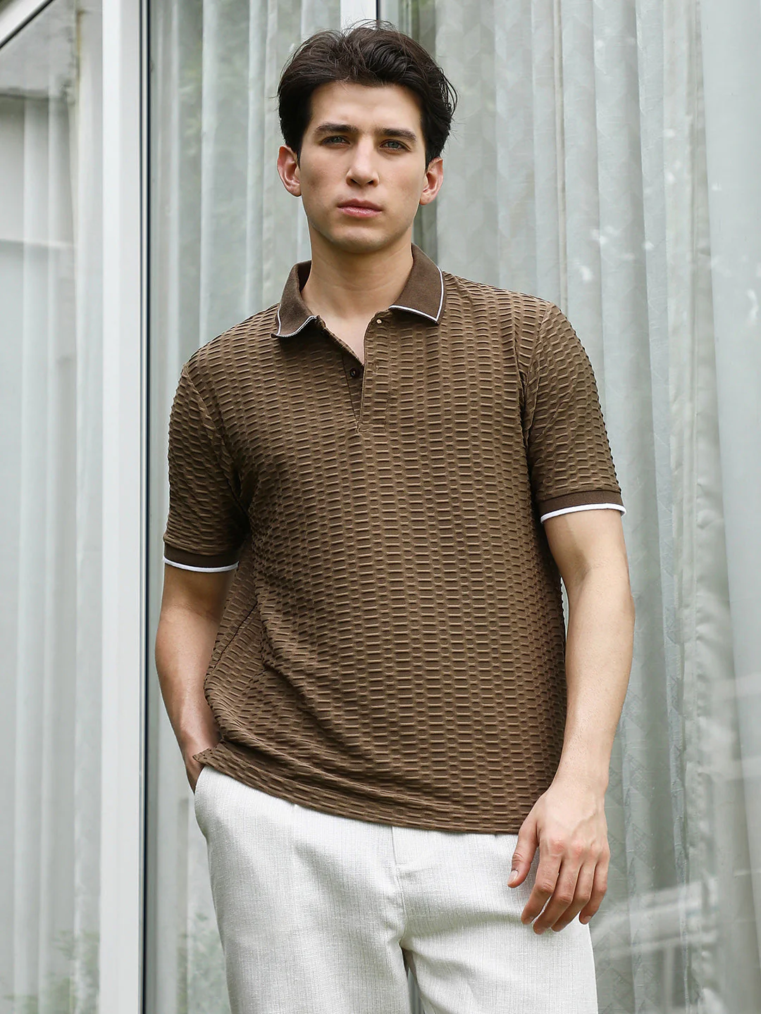 Brown Textured Polo T-shirt with Contrasting Accents - Image 2