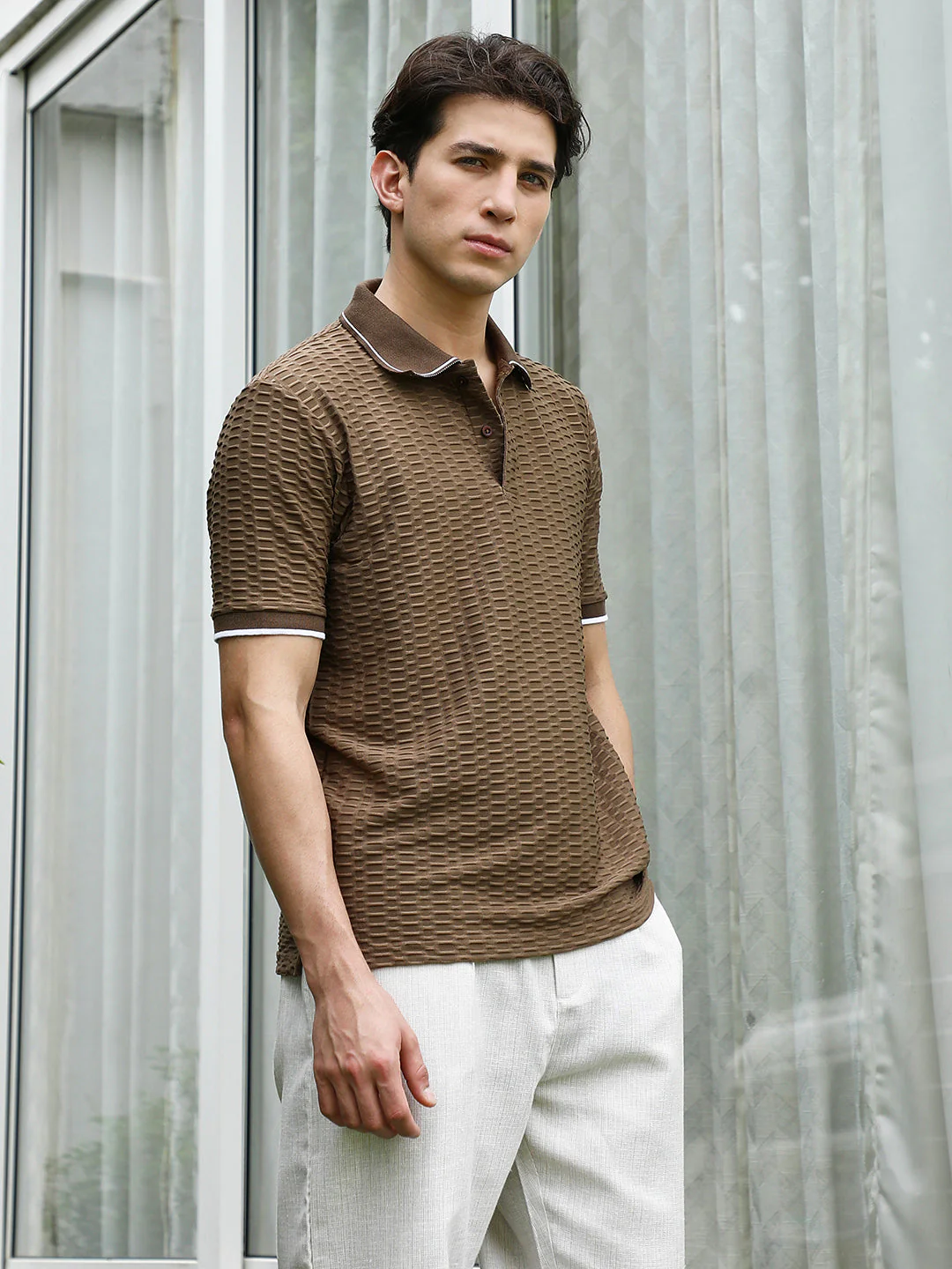 Brown Textured Polo T-shirt with Contrasting Accents - Image 3