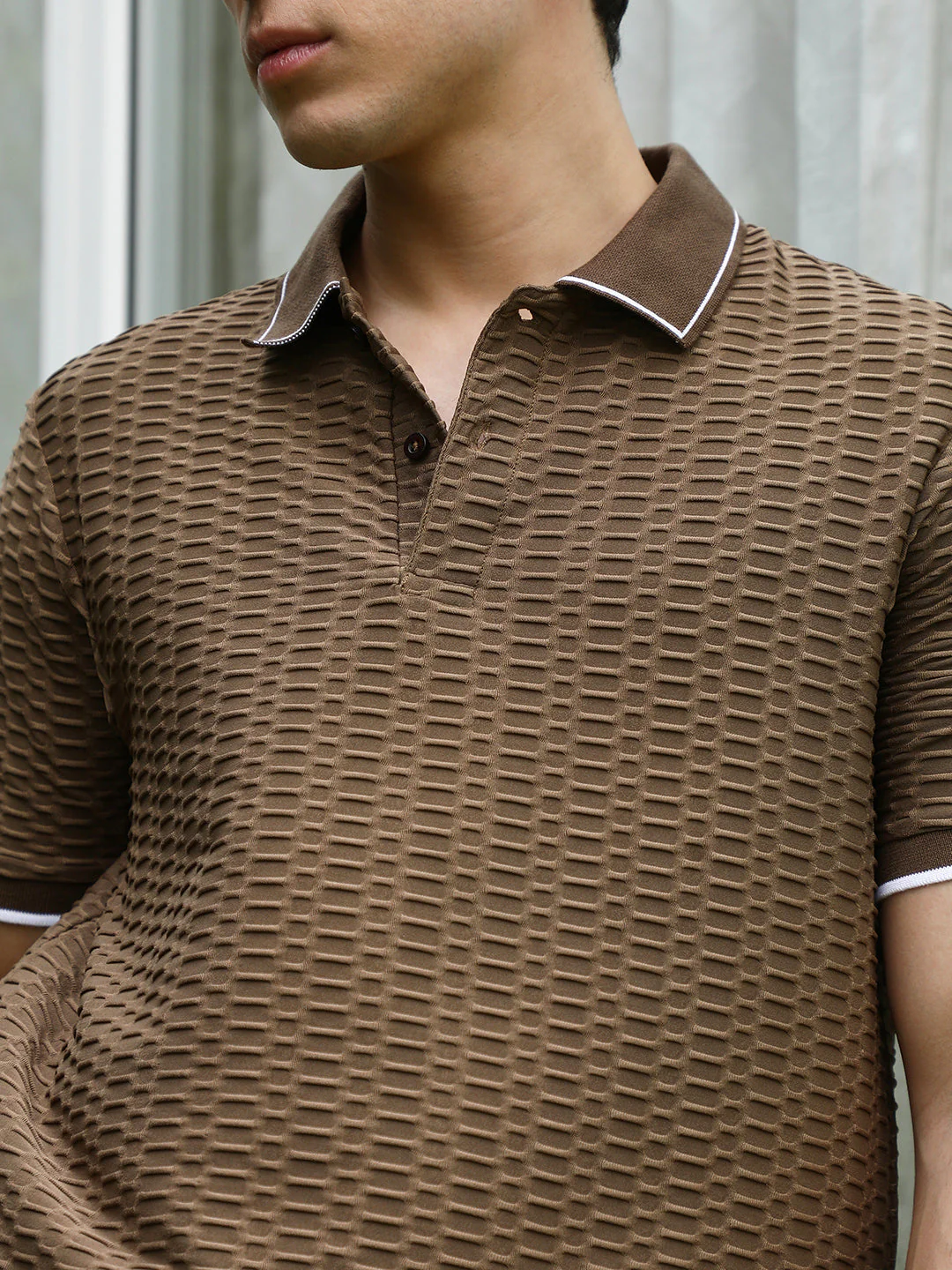 Brown Textured Polo T-shirt with Contrasting Accents - Image 6