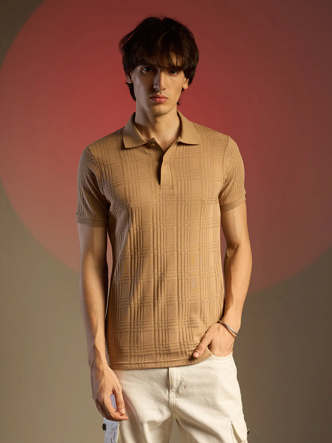 Buff Beige Intertwine-Textured Polo T-Shirt - Image 2