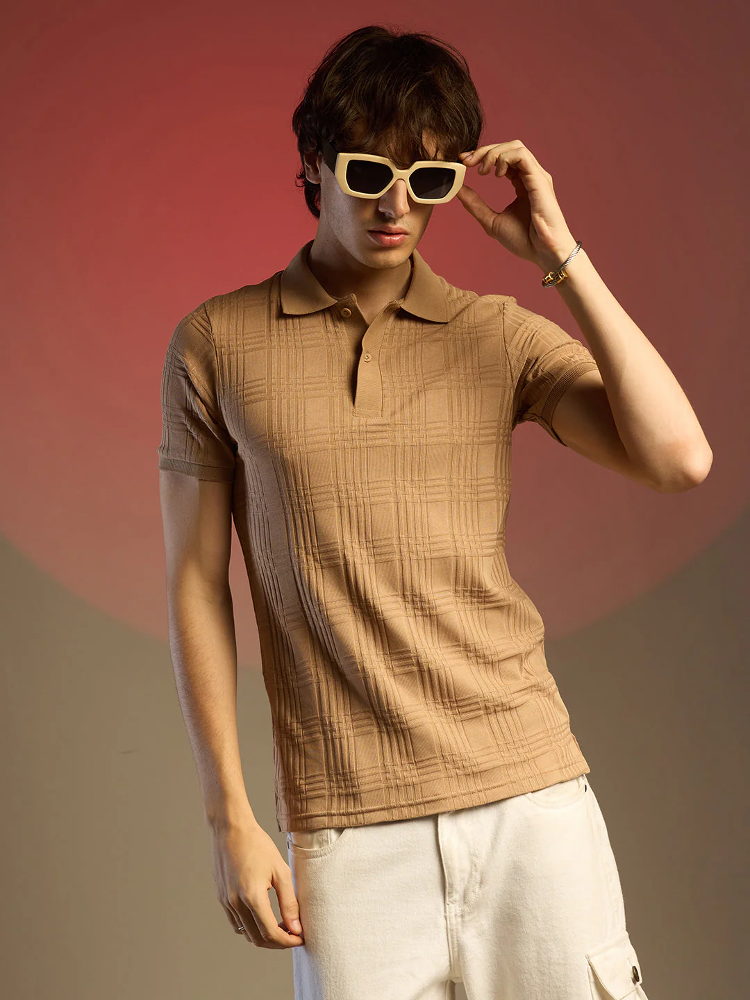 Buff Beige Intertwine-Textured Polo T-Shirt - Image 3