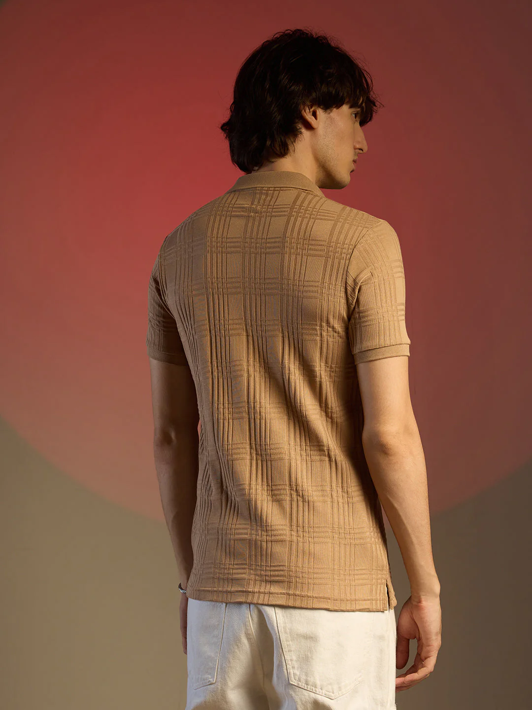 Buff Beige Intertwine-Textured Polo T-Shirt - Image 5