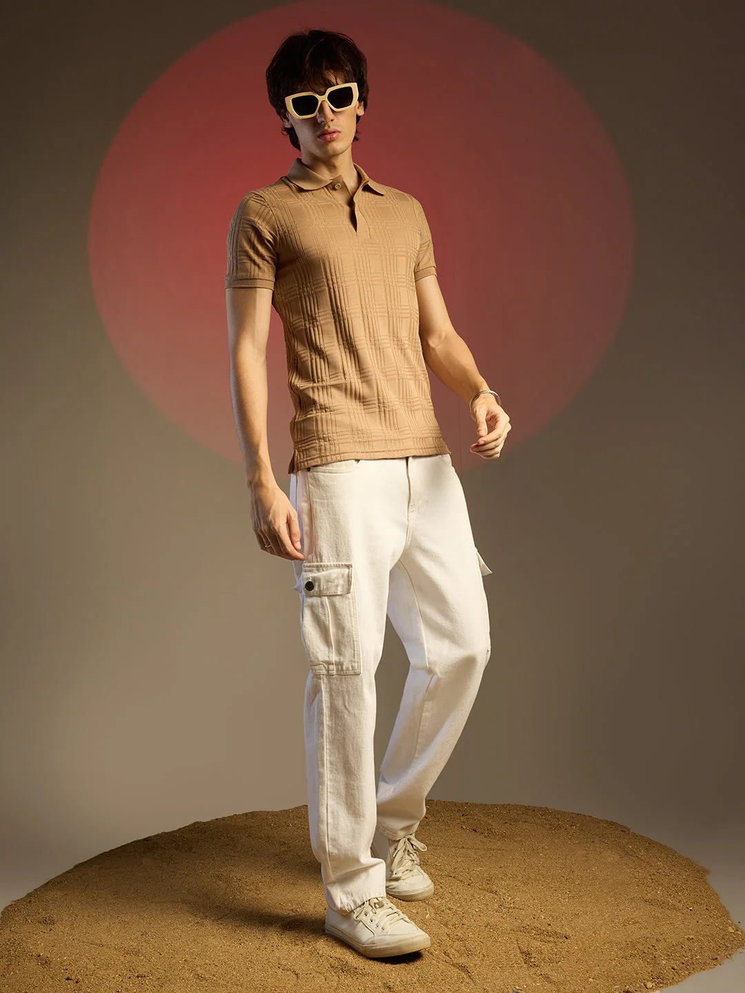 Buff Beige Intertwine-Textured Polo T-Shirt - Image 7