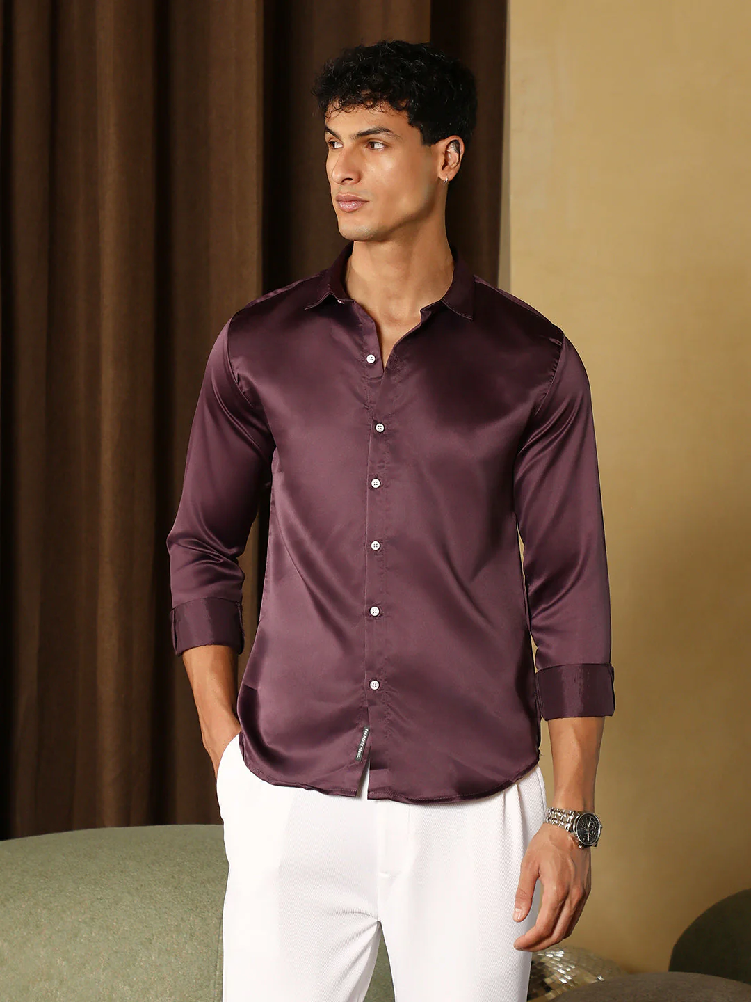 Solid-Satin Regular Shirt - Image 2
