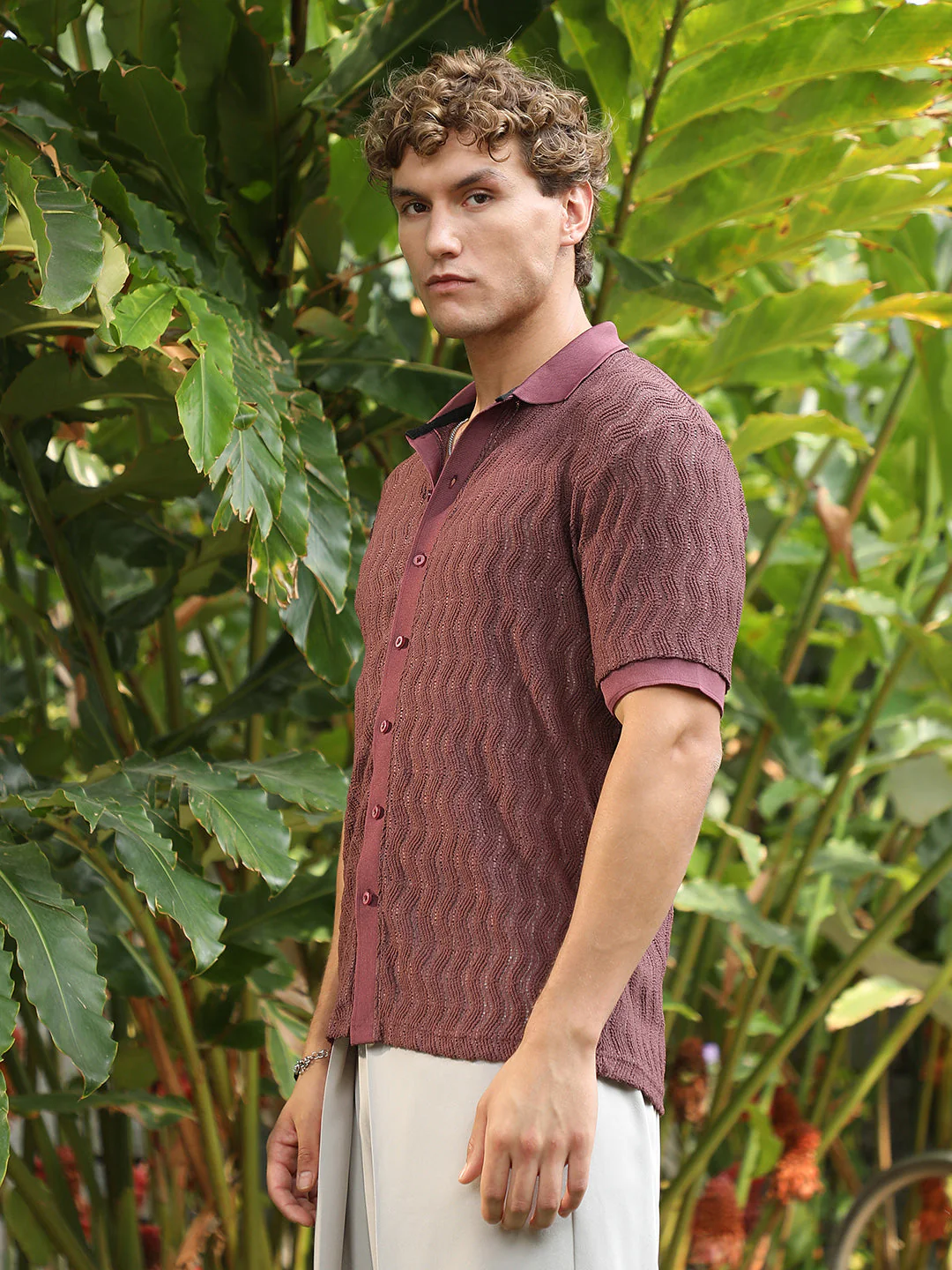 Burgundy Textured Cuban Collar Shirt - Image 3