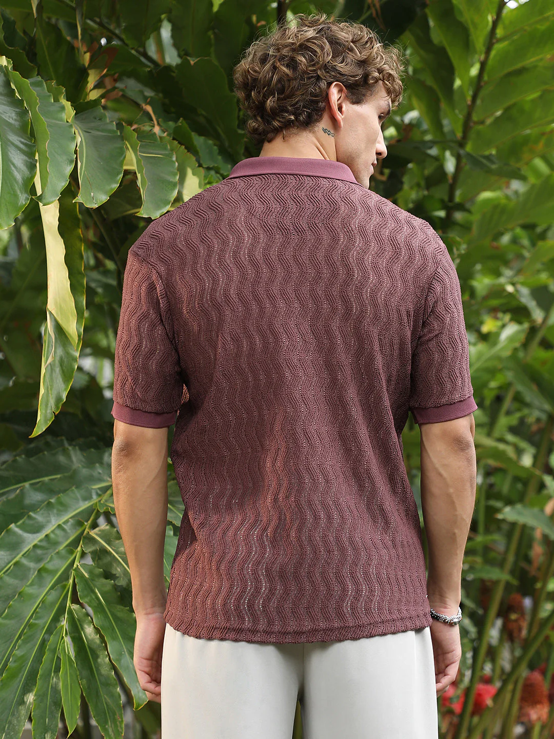 Burgundy Textured Cuban Collar Shirt - Image 4