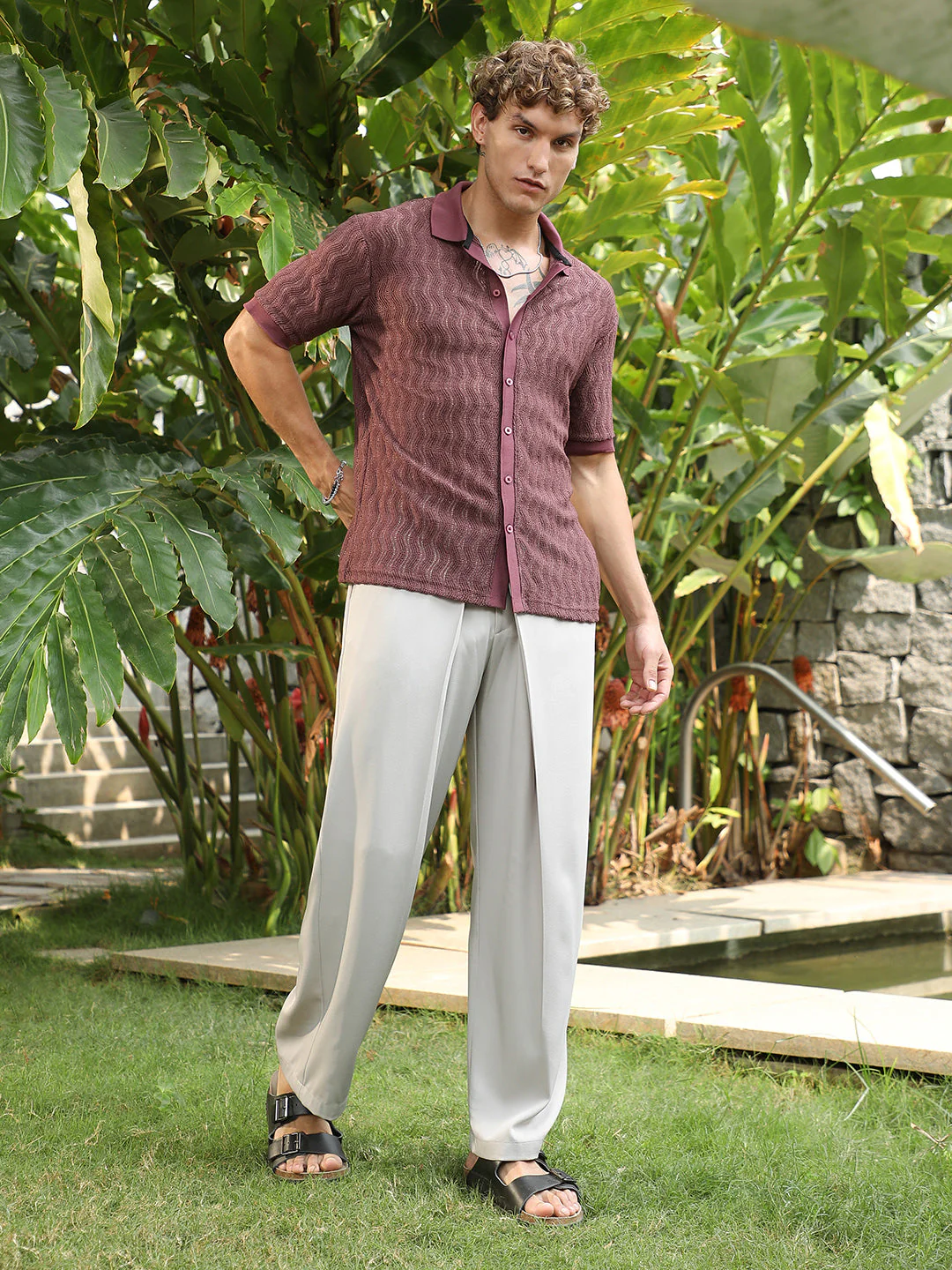 Burgundy Textured Cuban Collar Shirt - Image 5