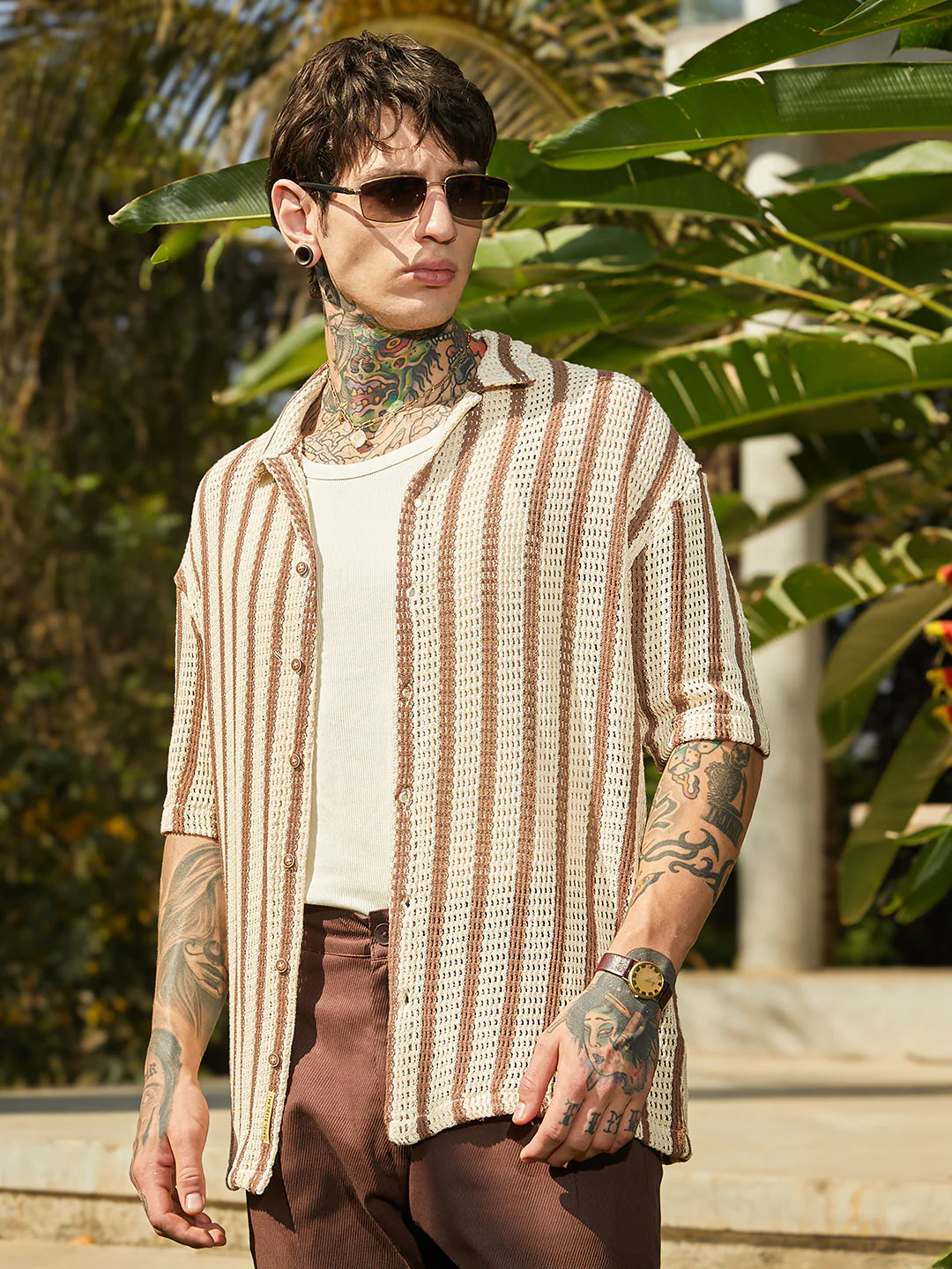 Striped Open-Knit Oversized Shirt