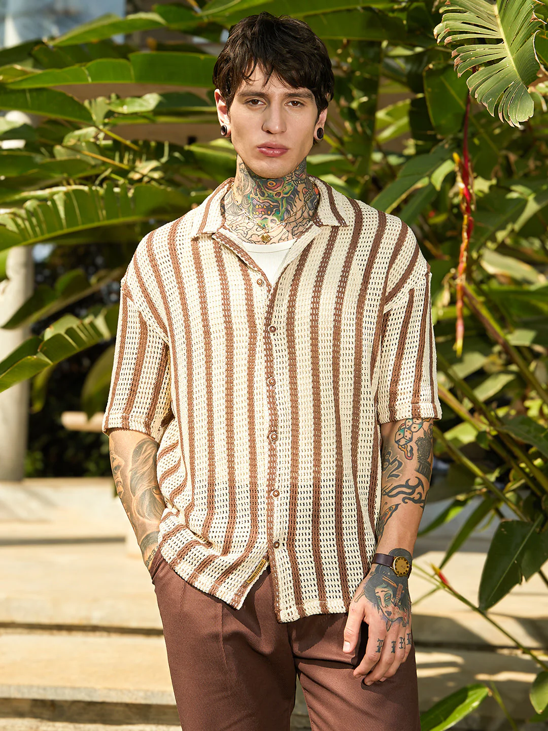 Striped Open-Knit Oversized Shirt - Image 2