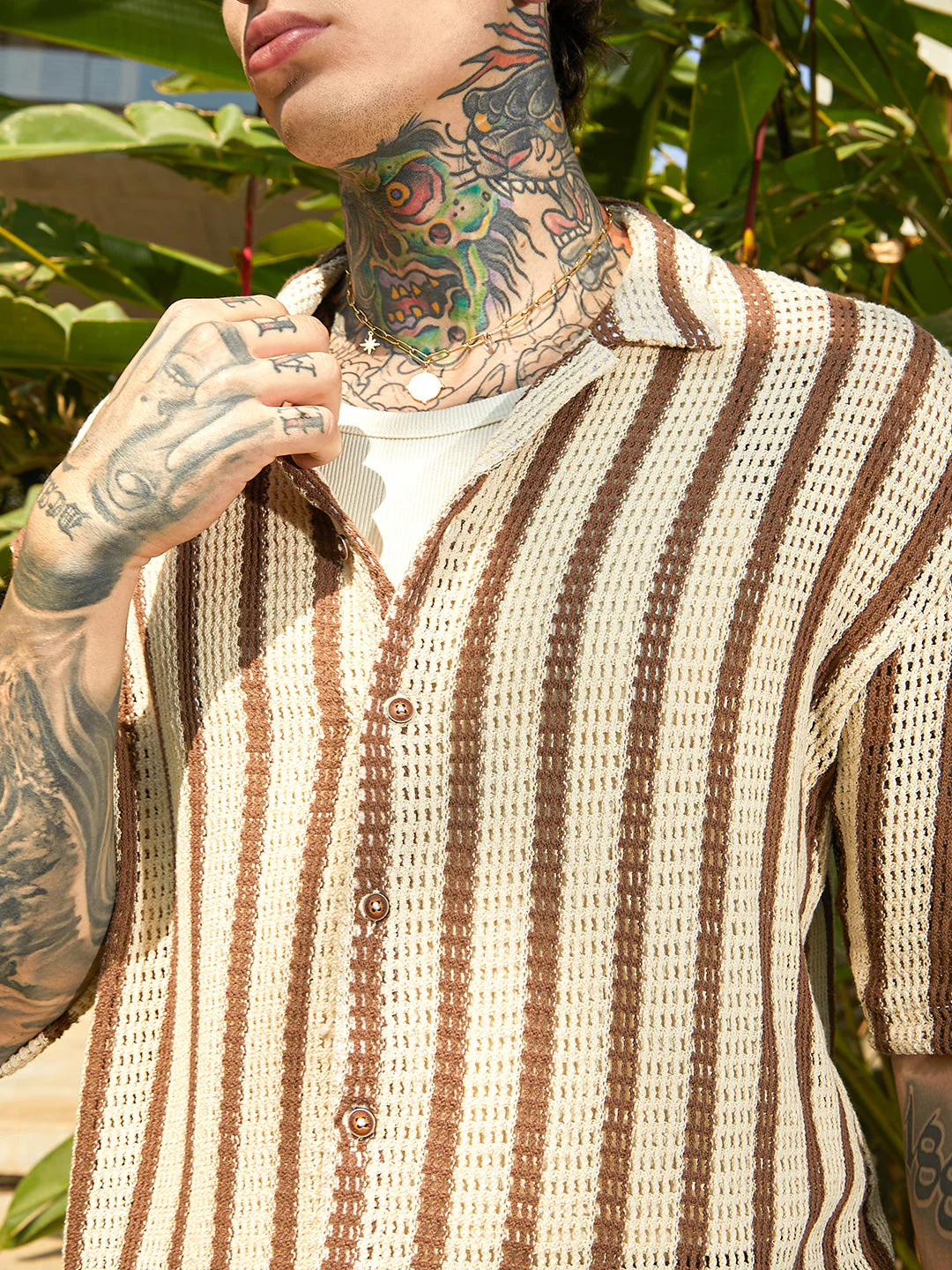 Striped Open-Knit Oversized Shirt - Image 7