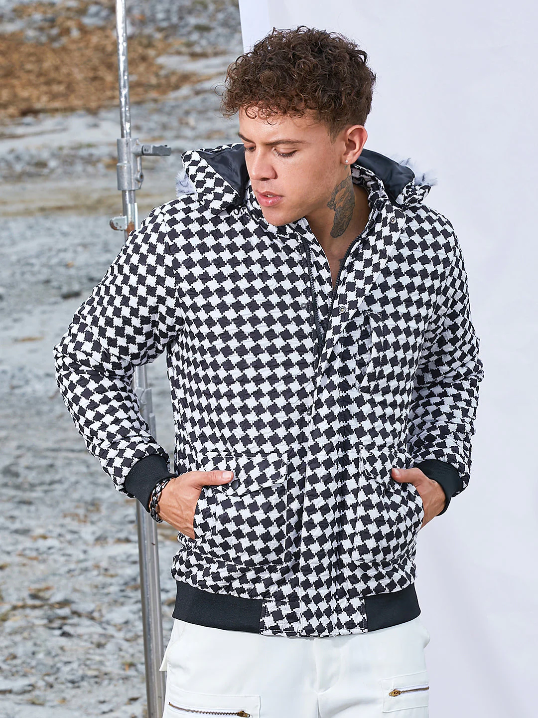 Checkboard Puffer Jacket With Fleece Hood - Image 2