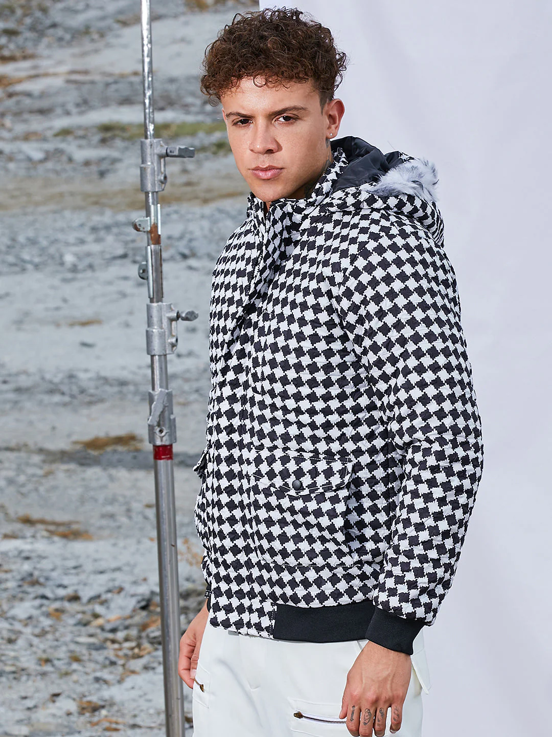 Checkboard Puffer Jacket With Fleece Hood - Image 3