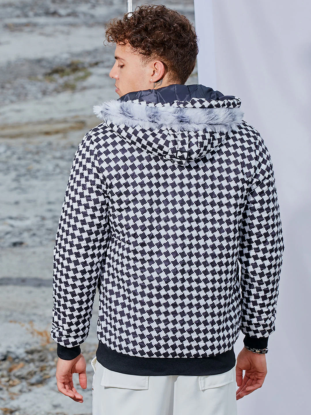 Checkboard Puffer Jacket With Fleece Hood - Image 4