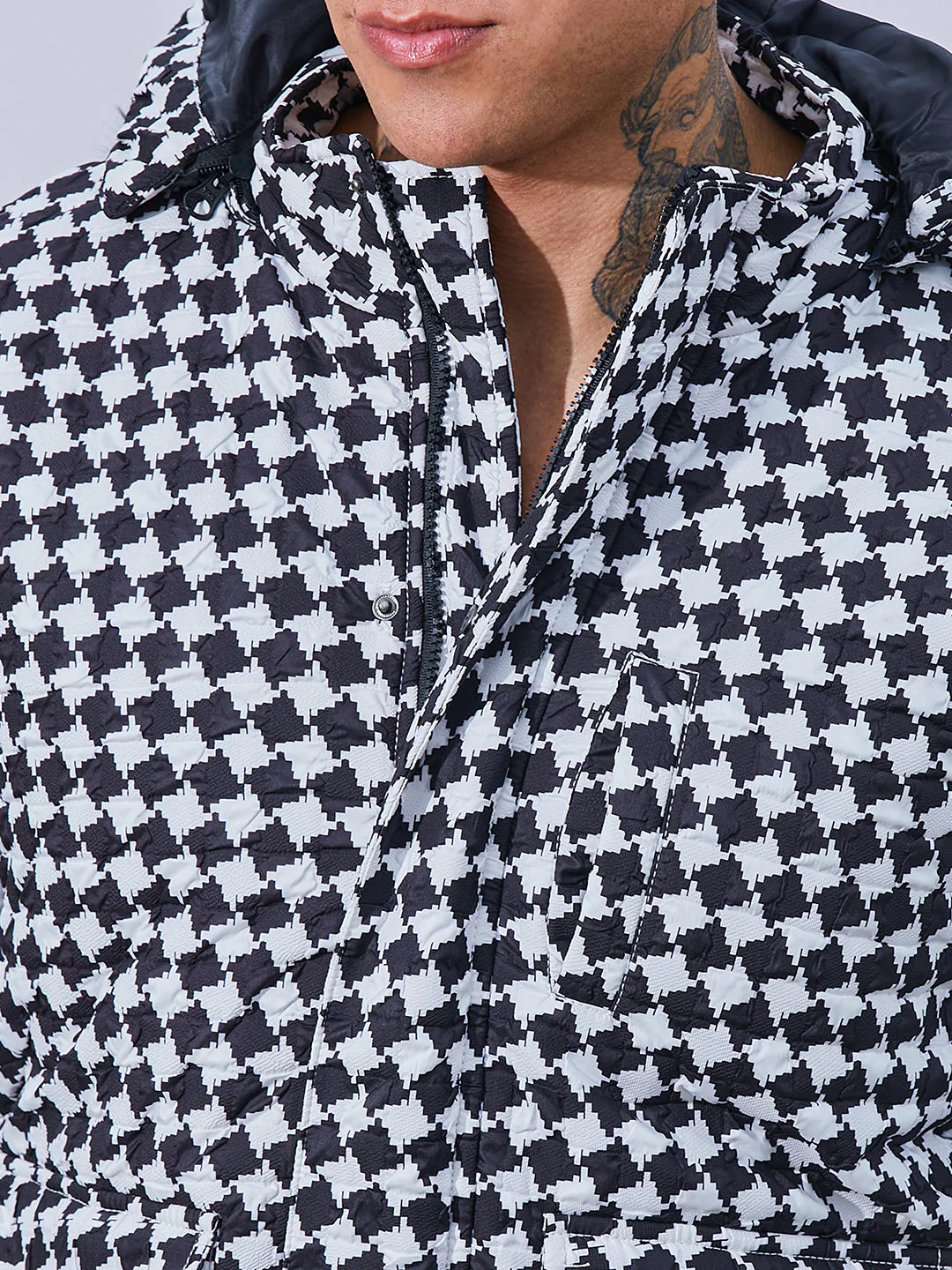 Checkboard Puffer Jacket With Fleece Hood - Image 7