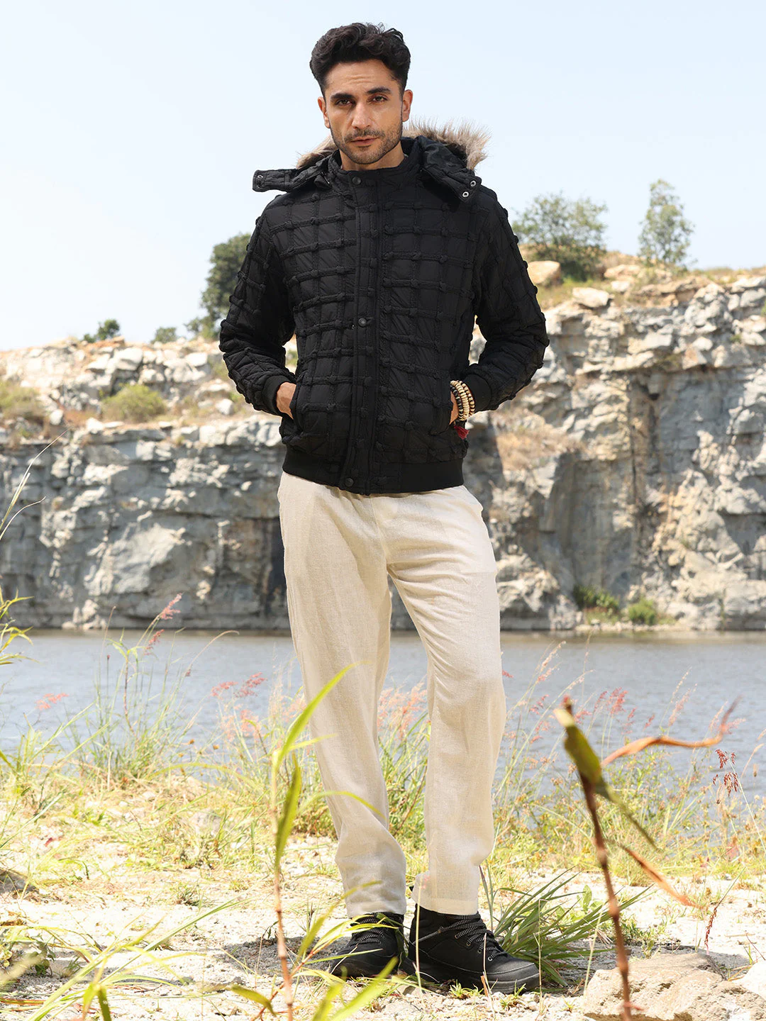 Self-Design Puffer Jacket With Fleece Hood - Image 5