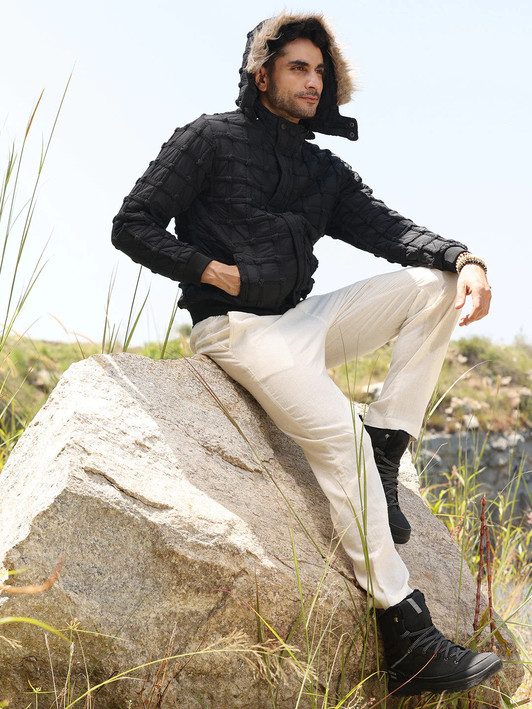 Self-Design Puffer Jacket With Fleece Hood - Image 6