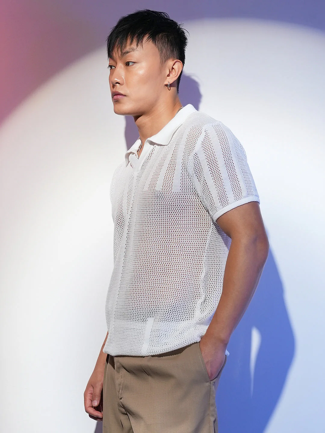 Lined-Textured Polo T-Shirt - Image 3