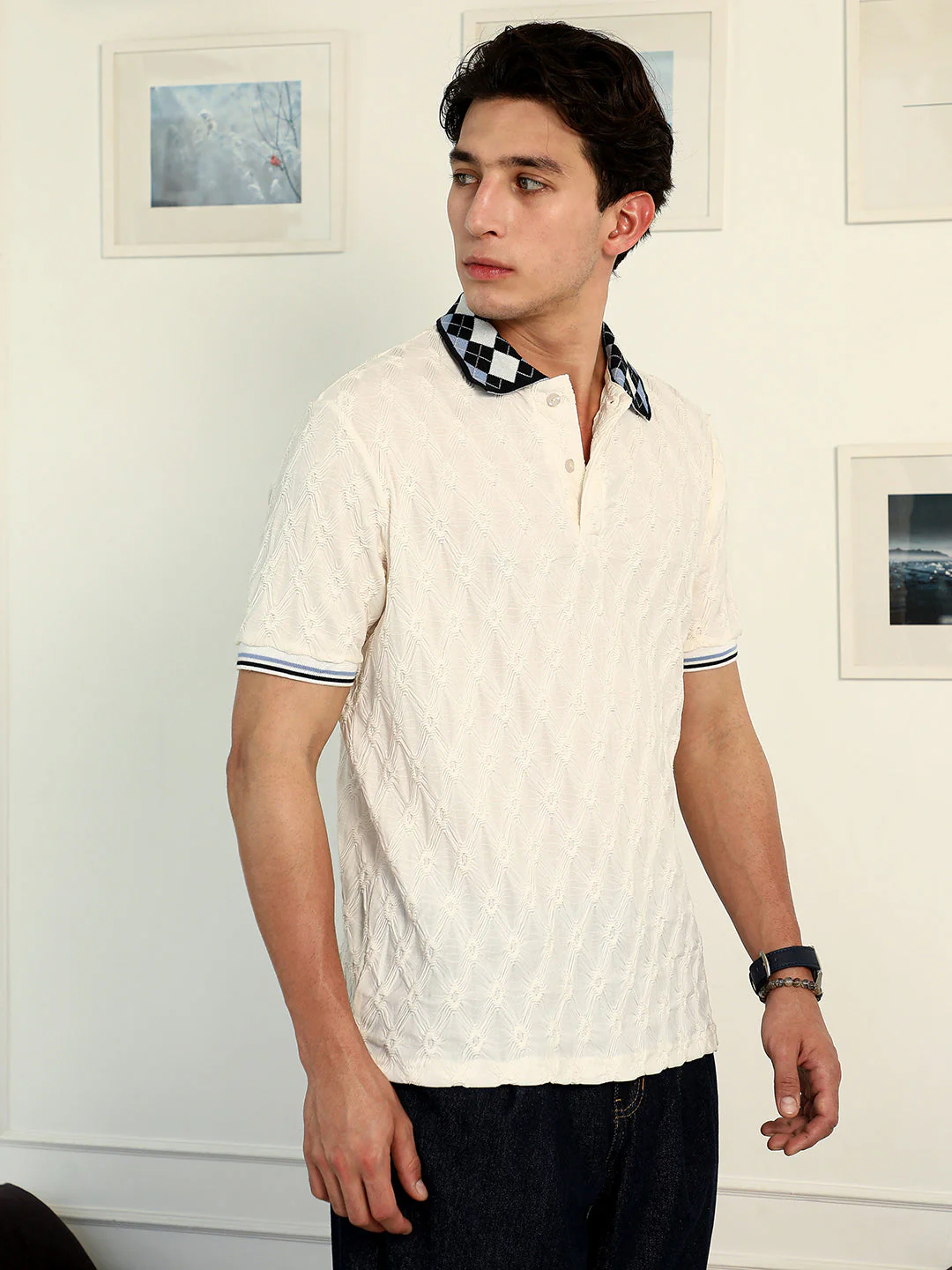 Block Argyle-Knit Polo T-Shirt - Image 3