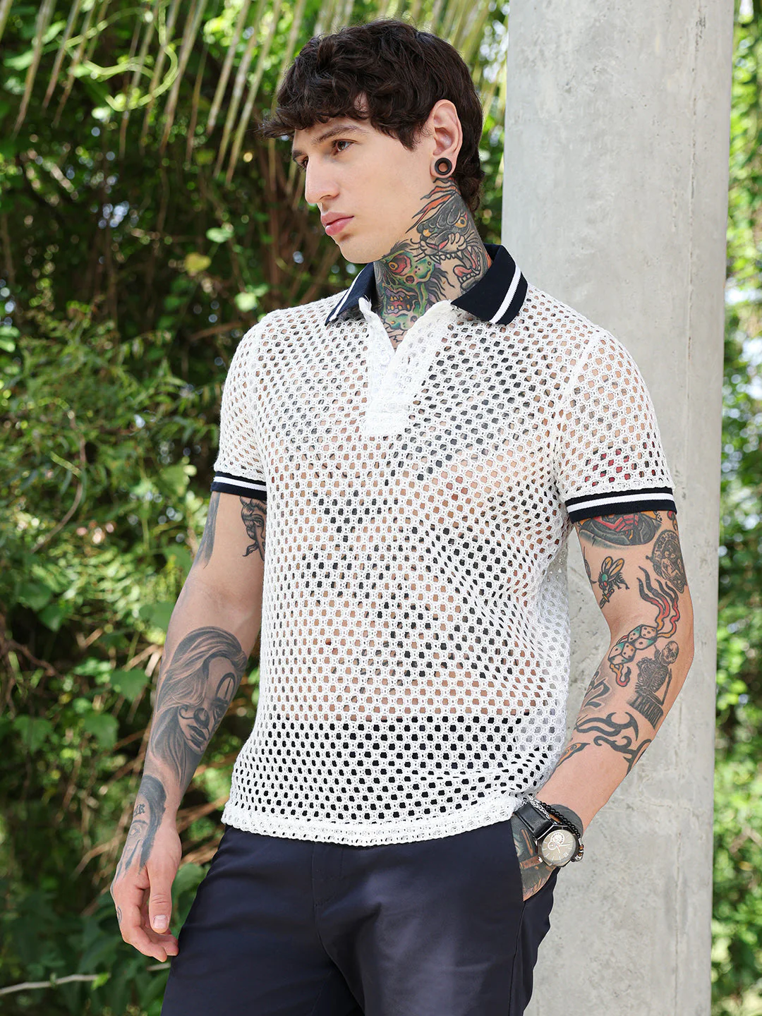 Open-Knit Block Polo T-Shirt - Image 3
