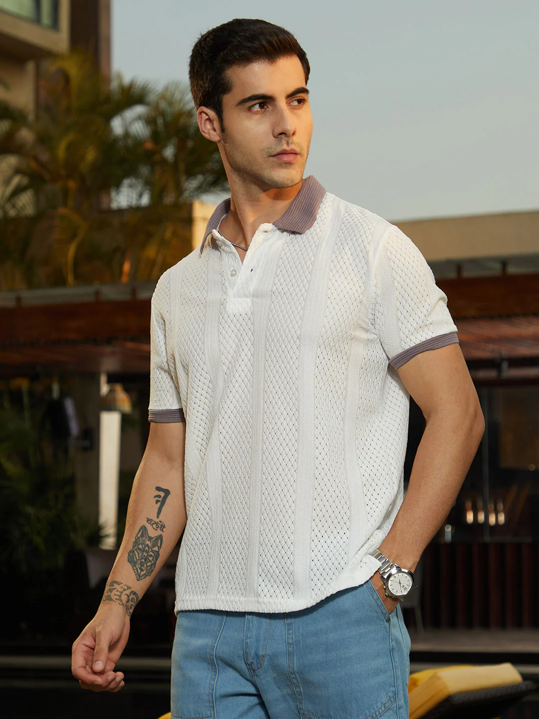 Contrast Open-Knit Polo T-Shirt - Image 3