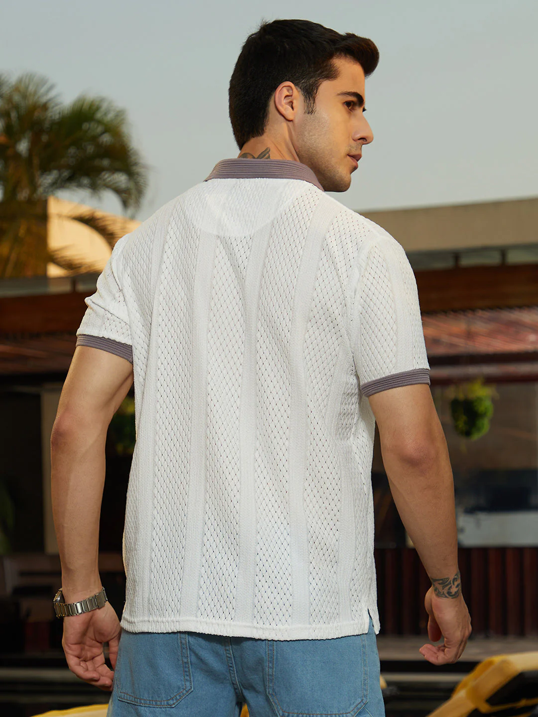 Contrast Open-Knit Polo T-Shirt - Image 4