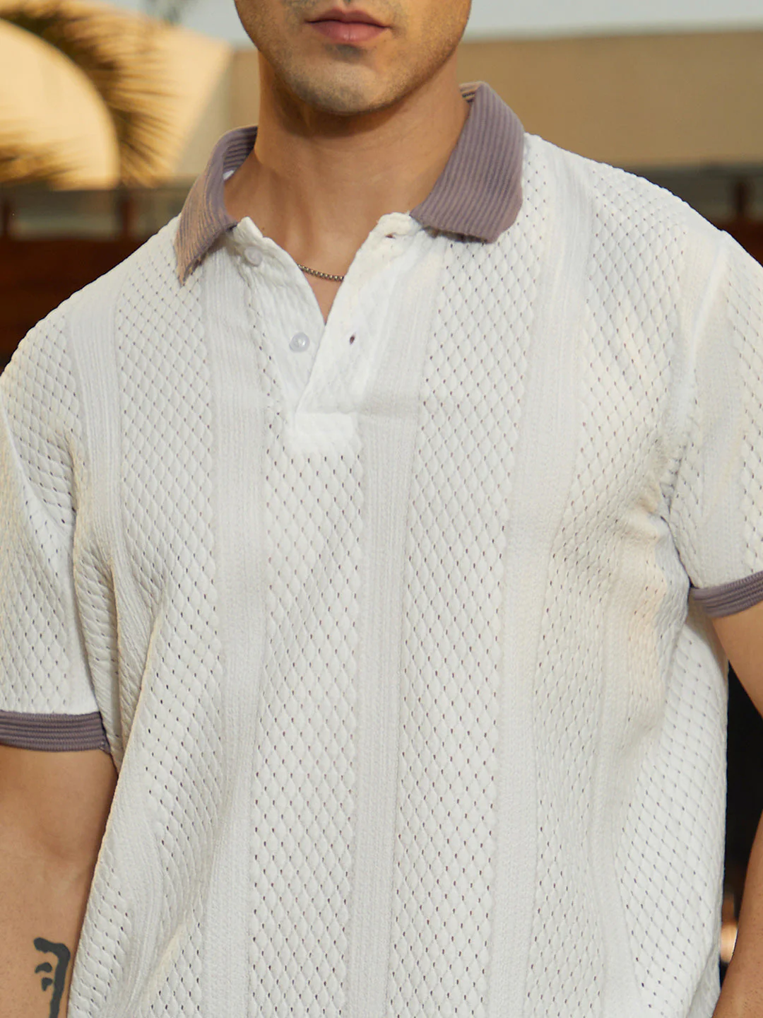 Contrast Open-Knit Polo T-Shirt - Image 7