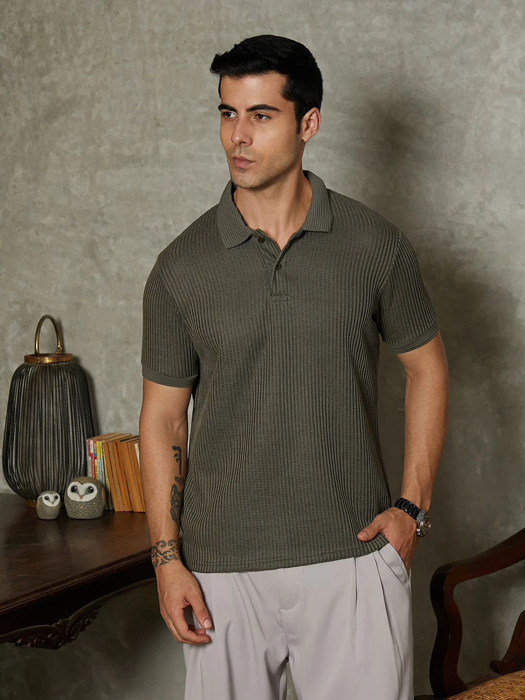 Solid Ribbed Polo T-Shirt - Image 2