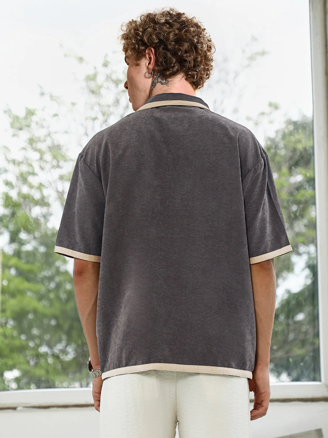 Charcoal Grey Cuban Collar Shirt With Beige Accents - Image 4
