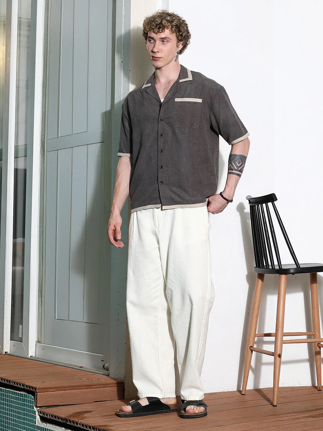 Charcoal Grey Cuban Collar Shirt With Beige Accents - Image 5