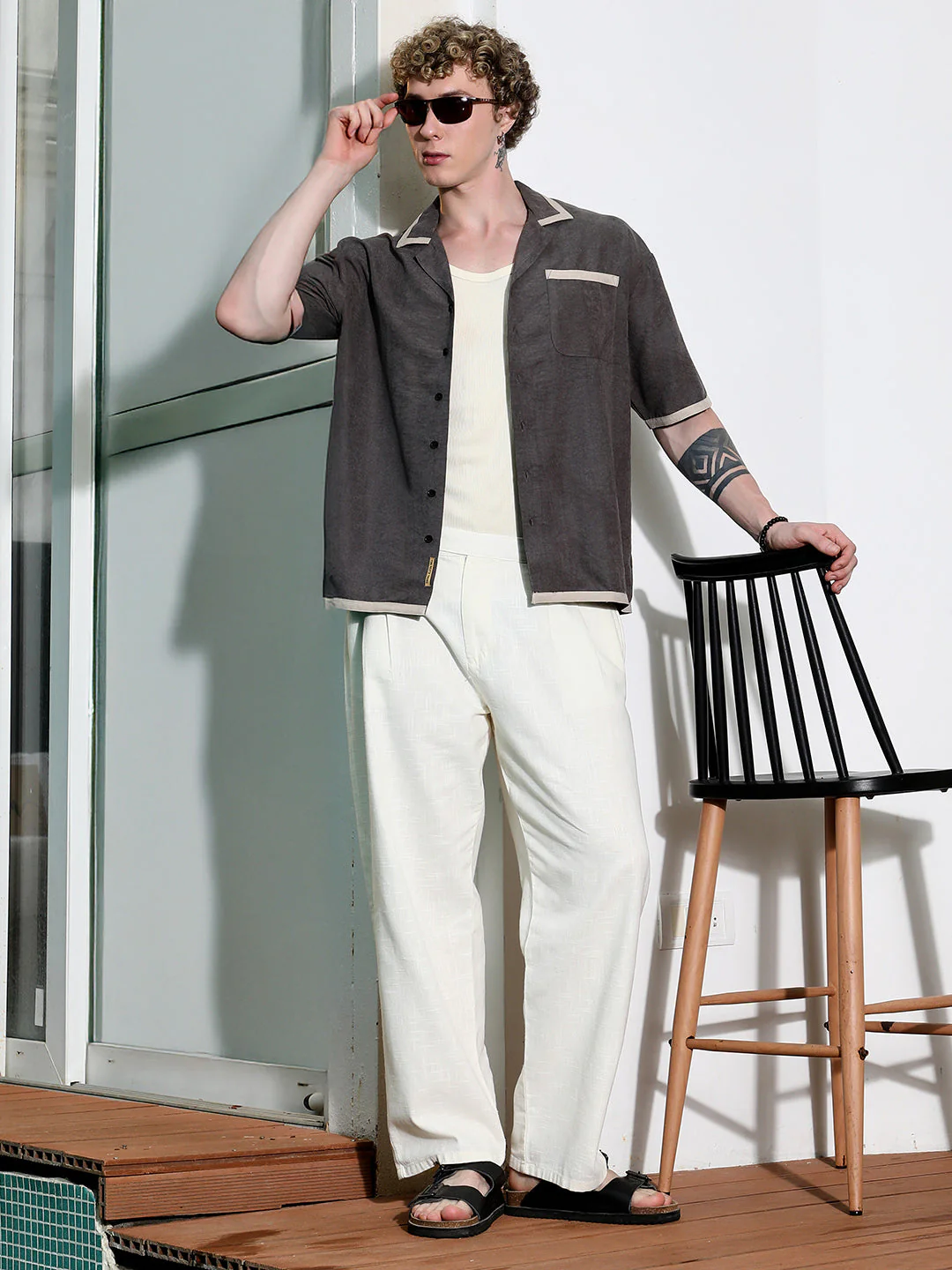 Charcoal Grey Cuban Collar Shirt With Beige Accents - Image 6