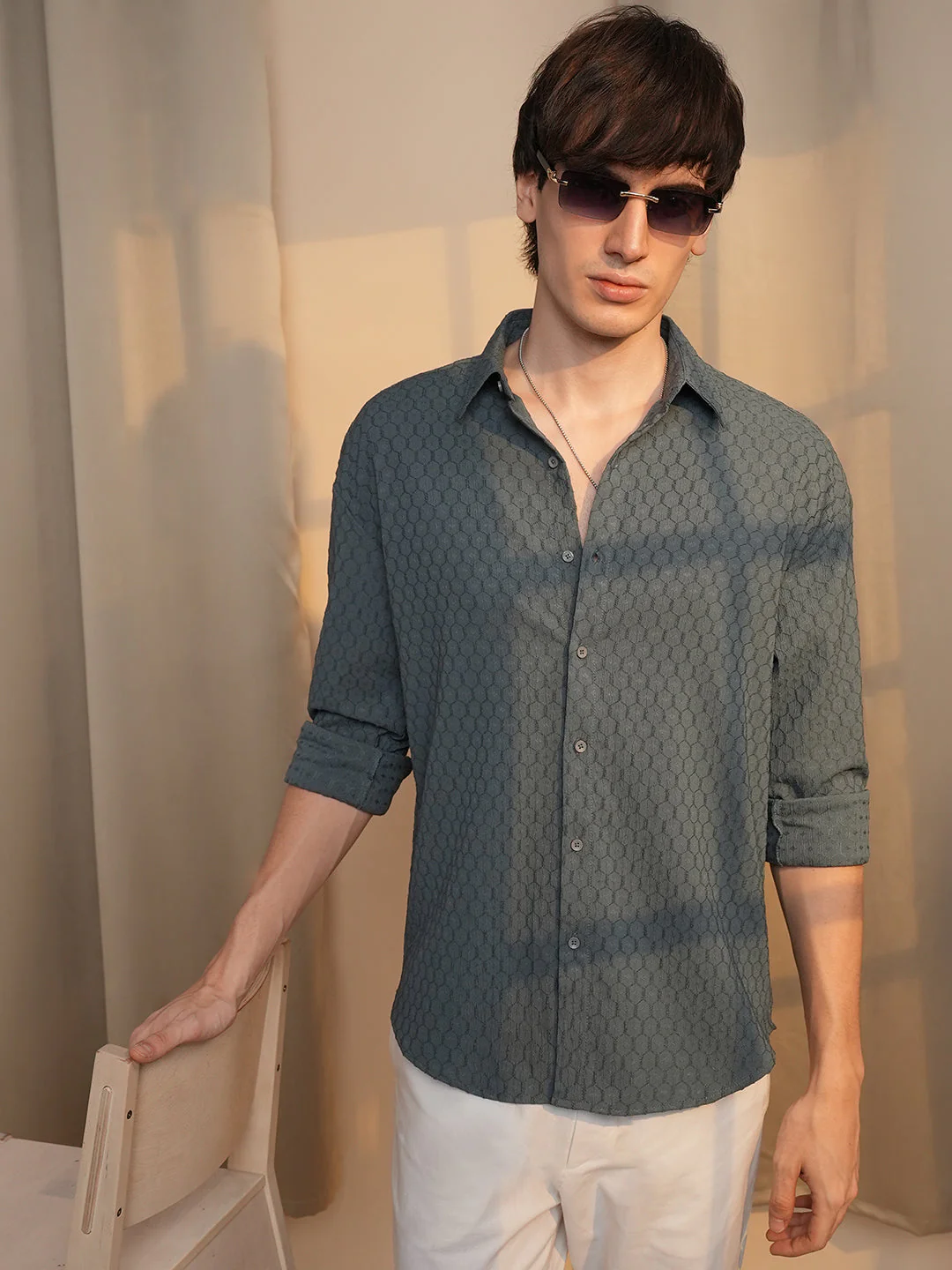 Honeycomb-Textured Oversized Shirt - Image 2