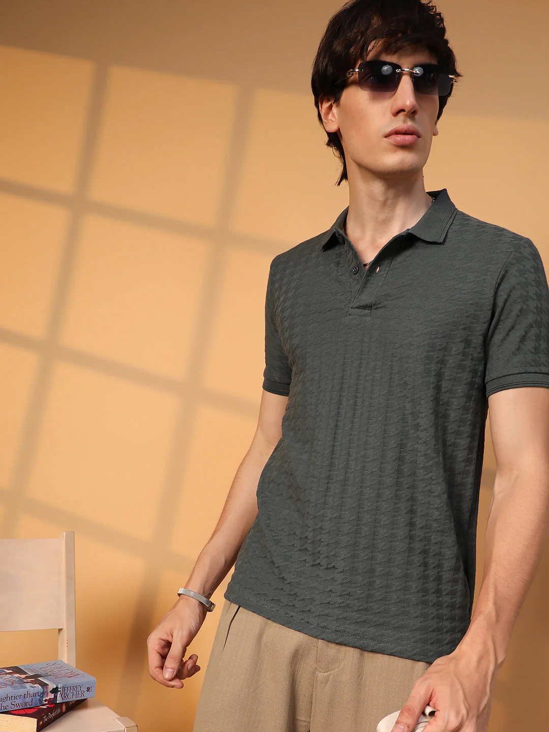 Houndstooth-Textured Polo T-Shirt - Image 3