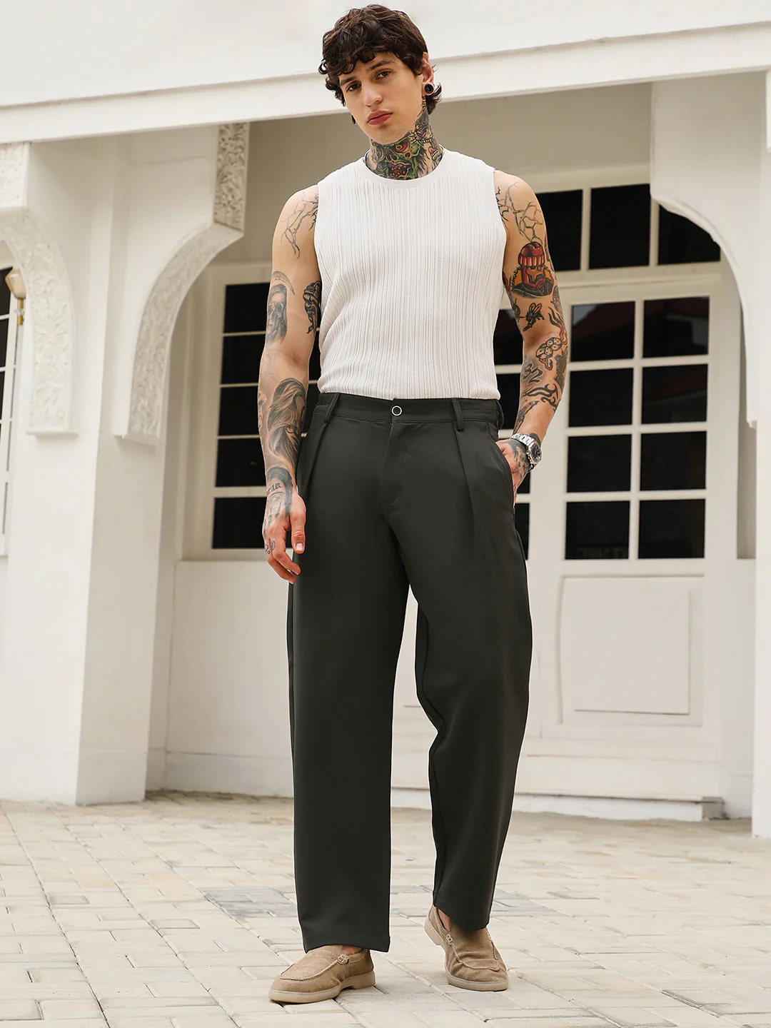 Pleated-Straight Tailored Trousers - Image 5