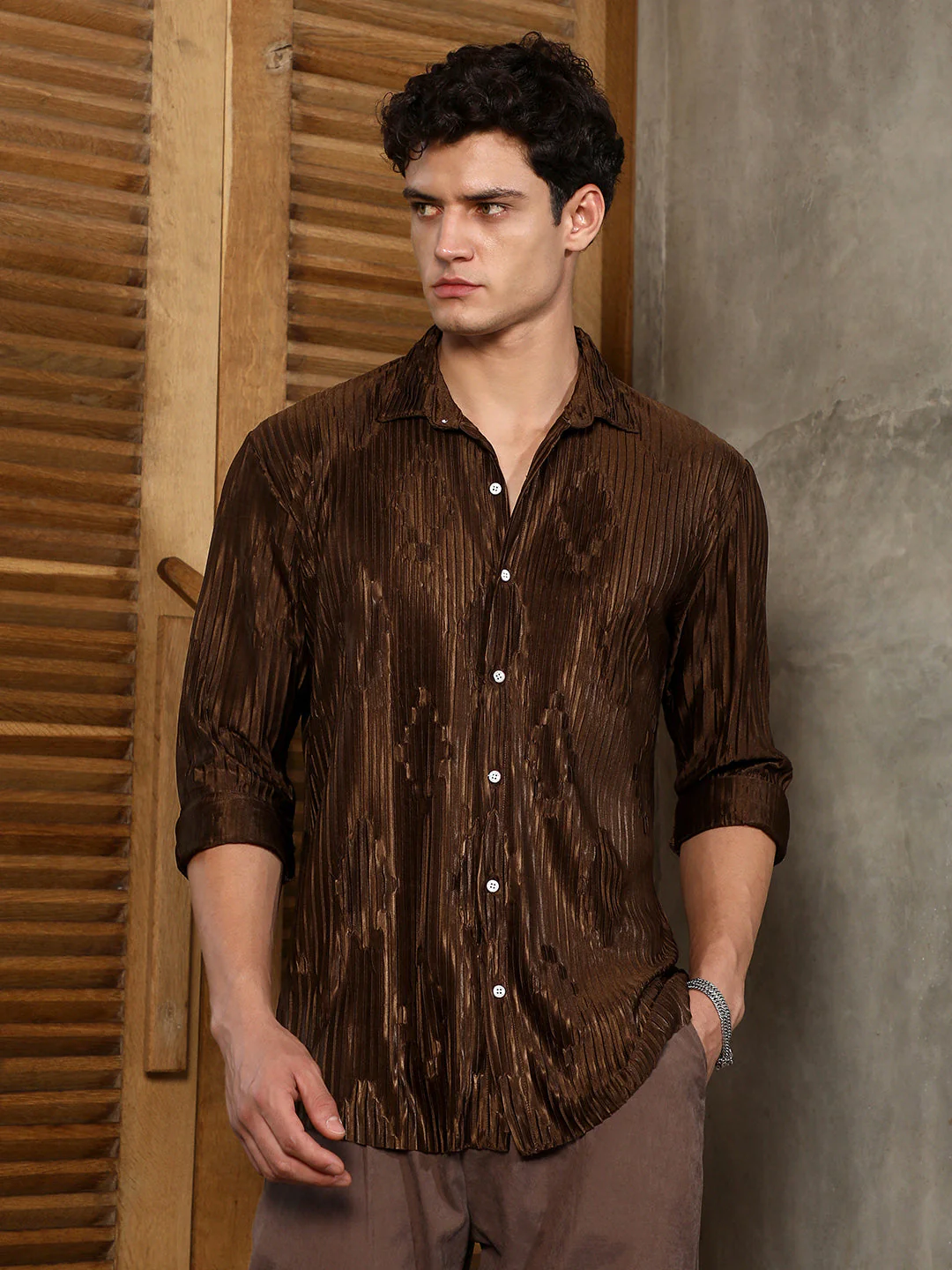 Chocolate Brown Pleated-Rhombus Shirt - Image 2