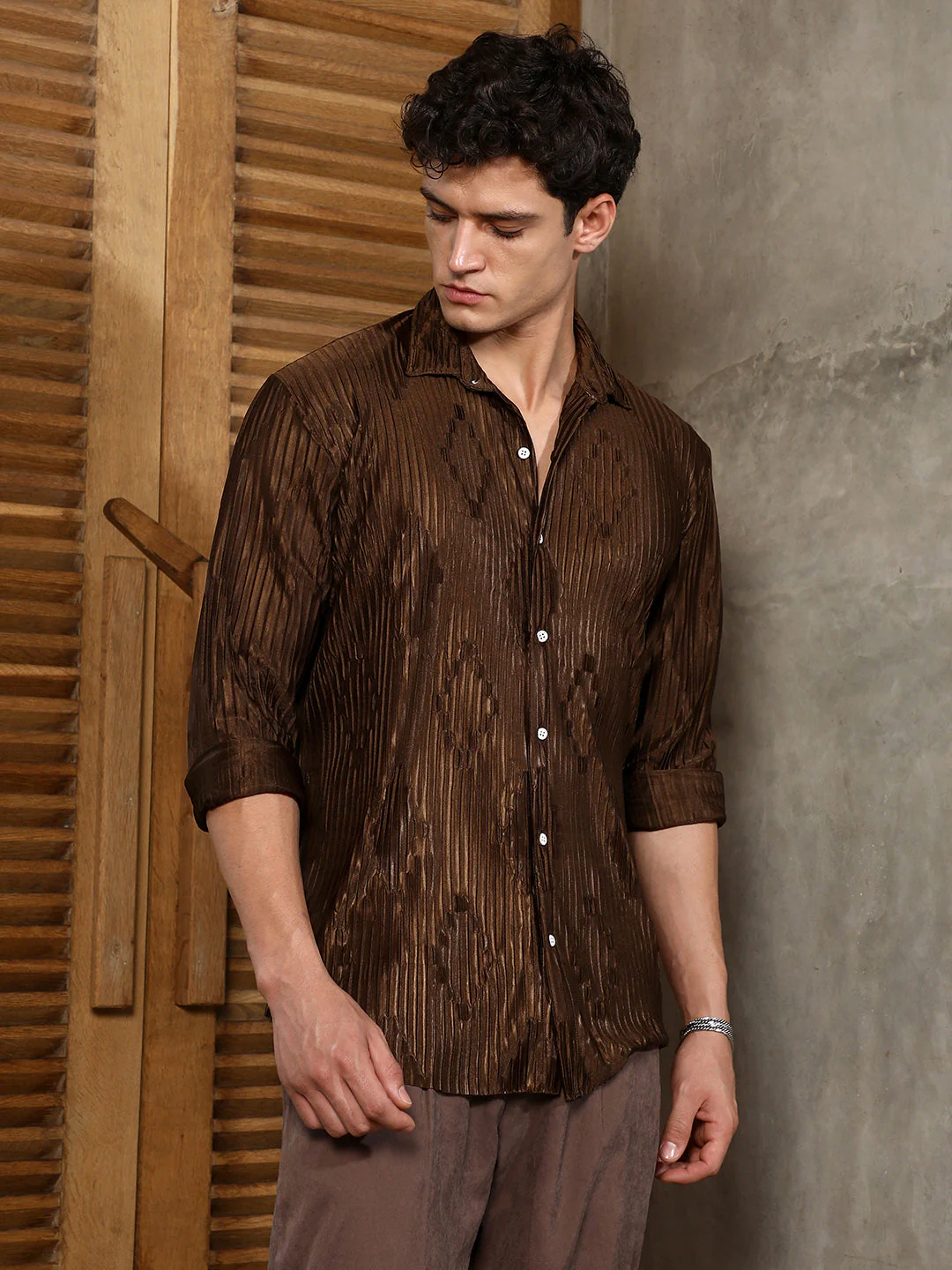 Chocolate Brown Pleated-Rhombus Shirt - Image 3