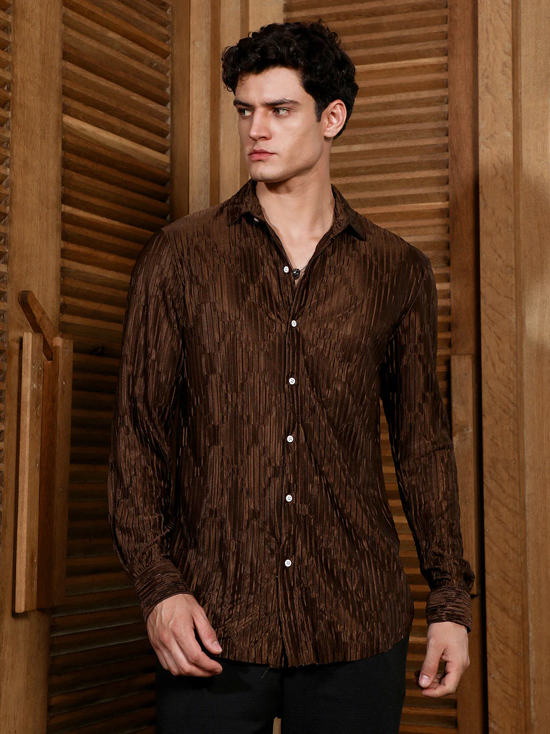 Chocolate Brown Ruche-Pleated Shirt - Image 2