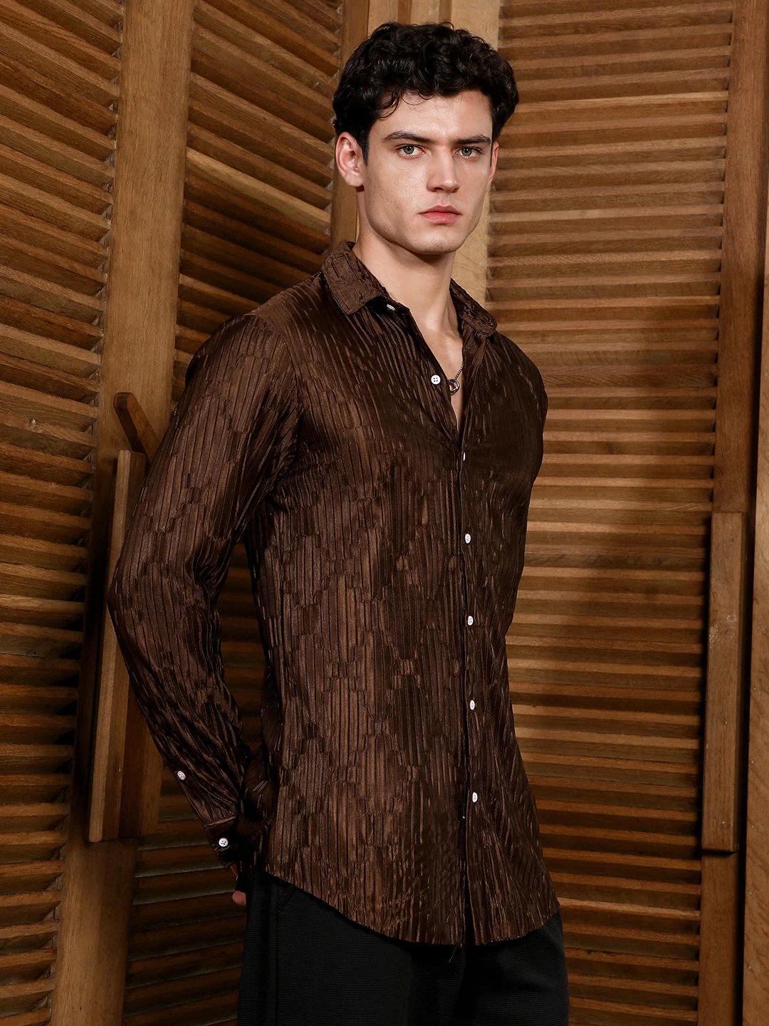 Chocolate Brown Ruche-Pleated Shirt - Image 3